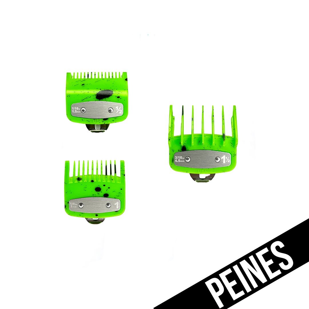 PEINES / GUIAS UNIVERSALES METALICOS X3 VERDE FLUOR CON SALPICADURAS (0.5/ 1/ 1.5) - BRAVO - Bravo Spain