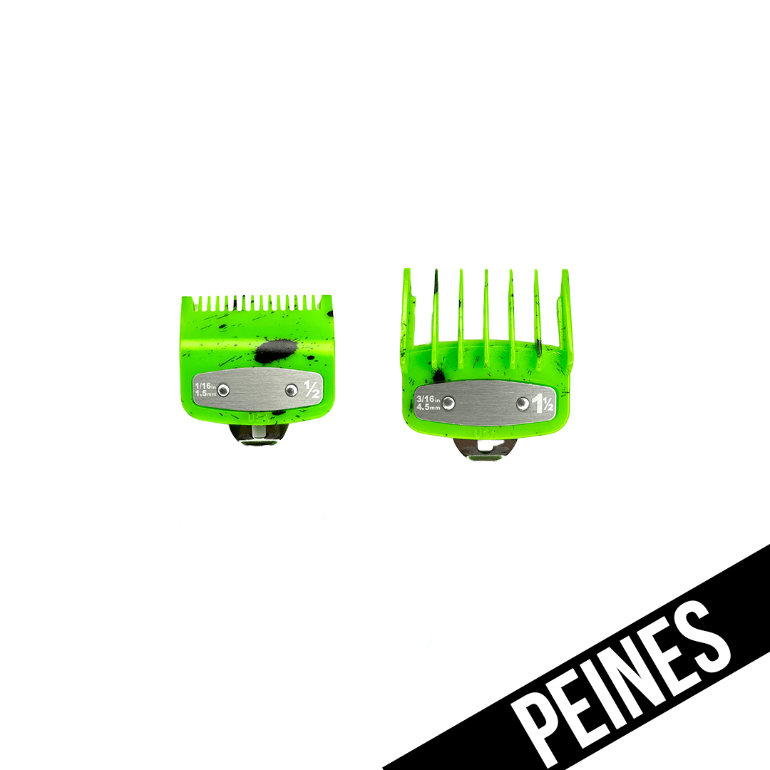 PEINES/GUIAS UNIVERSALES METALICOS X2 VERDE FLUOR CON SALPICADURAS (0.5 Y 1.5) - BRAVO - Bravo Spain